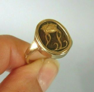Fine Antique Georgian 9ct Gold Mourning Ring With Hair And Crown Over Initials