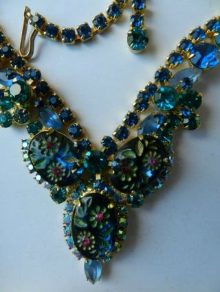 Juliana D&E Vintage Carved FLOWER BLUE/GREEN Rhinestone Bib Necklace BOOK PIECE 6