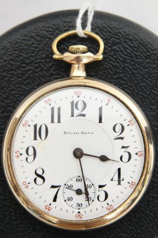1913 South Bend 21j Gold Fill Case Eagle Shield Engraved Open Face Pocket Watch