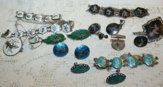 Vintage Asian Jewelry Siam Blue/black Sterling Silver Bracelet Necklace Earrings