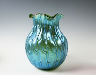 Antique Loetz Bohemian Art Glass Vase Green Iridescent