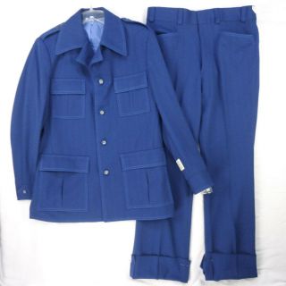 Vintage 70s Blue Polyester Leisure Suit Jacket 40 Large Pants 34 W Deadstock Nos