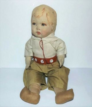 ANTIQUE CLOTH BOY DOLL Disk Joints Kathe Kruse type VTG HAND PAINTED FORMED FACE 12
