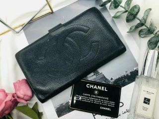 Chanel Wallet Black Caviar Leather Purse Authentic Vintage Guarantee Card Cw060