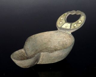Very Rare Roman Bronze Enamelled Oil Lamp With Luna Shaped Handle (m594)
