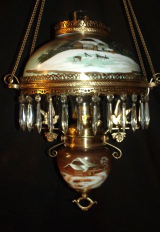 Antique Miller Hanging Oil Lamp (winter Farm Scene)