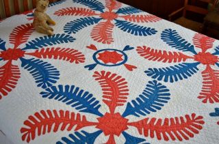 Antique Hand Stitched Princess Feather Quilt Patriotic Colors 9