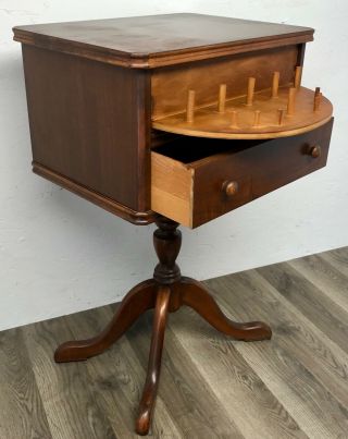 Wood Sewing Notion Box Stand End Table Cabinet Drawer Flip Spool Storage Vintage