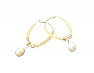 Vintage Cultured Pearl & 10 K Yellow Gold Hoop/drop Earrings - Late 20th Century