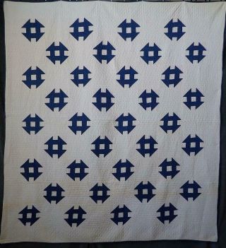 Densely Quilted Antique C1880 Indigo Blue & White Churndash Quilt 80x74 "