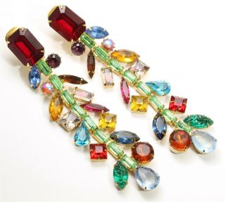 Vintage Long Juliana Style Art Glass Crystal Rhinestone Drop Dangle Earrings 4 "