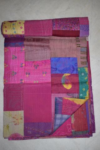 Silk Sari Patchwork Kantha Quilt Queen Handmade Bedding Vintage Blanket Throw