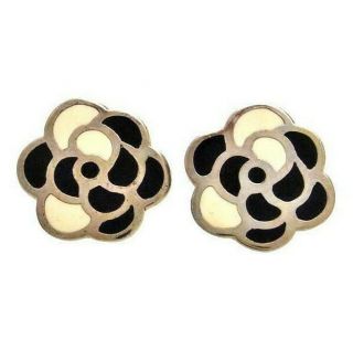Authentic Vintage Chanel Earrings Black White Camellia Silver Color Ea1757
