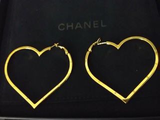 Authentic 04 Chanel Xl Heart Hoops Stud Pierced Earrings Gold Tone Cc Logo Rare