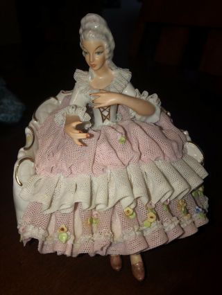 Rare Vintage Dresden Porcelain Lace Figurine Sitting In Chair