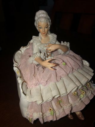 Rare Vintage Dresden Porcelain Lace Figurine Sitting In Chair 2