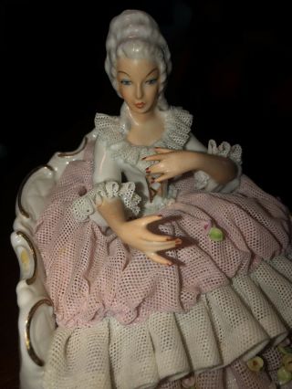 Rare Vintage Dresden Porcelain Lace Figurine Sitting In Chair 3
