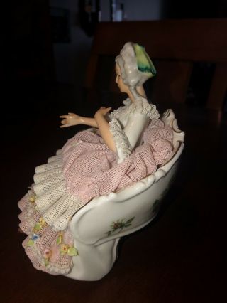 Rare Vintage Dresden Porcelain Lace Figurine Sitting In Chair 5