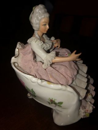 Rare Vintage Dresden Porcelain Lace Figurine Sitting In Chair 6