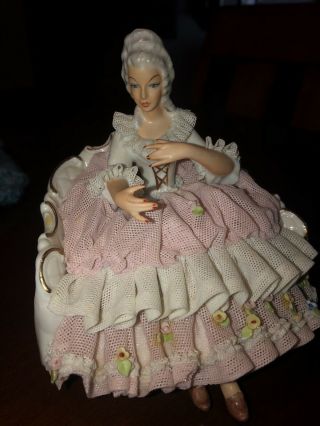 Rare Vintage Dresden Porcelain Lace Figurine Sitting In Chair 7