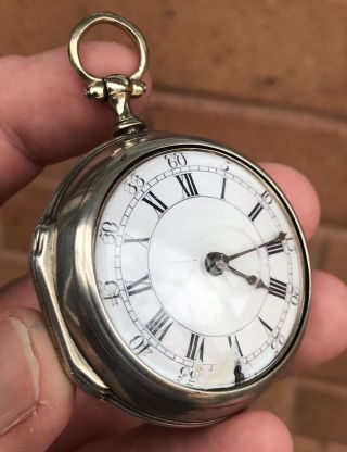 A Early Antique Solid Silver Pair Cased Verge / Fusee Pocket Watch,  1765