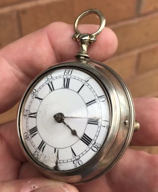 A EARLY ANTIQUE SOLID SILVER PAIR CASED VERGE / FUSEE POCKET WATCH,  1765 3