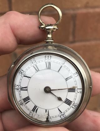 A EARLY ANTIQUE SOLID SILVER PAIR CASED VERGE / FUSEE POCKET WATCH,  1765 4
