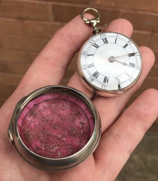 A EARLY ANTIQUE SOLID SILVER PAIR CASED VERGE / FUSEE POCKET WATCH,  1765 6