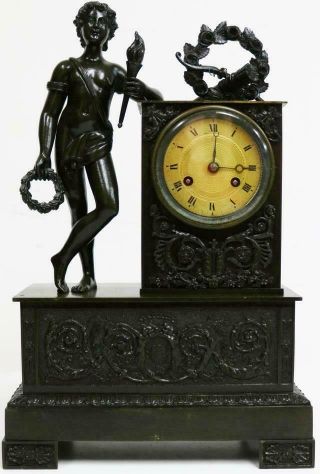 Majestic Antique French Empire Patinated Solid Bronze Figural Mantel Clock