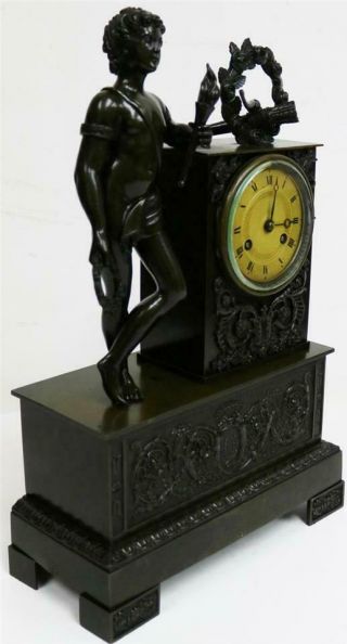 Majestic Antique French Empire Patinated Solid Bronze Figural Mantel Clock 4