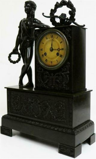 Majestic Antique French Empire Patinated Solid Bronze Figural Mantel Clock 6