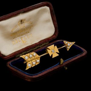 Antique Vintage Nouveau 18k 22k Gold Diamond Seed Pearl Cross Arrow Pin Brooch