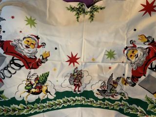 Vintage Christmas Tablecloth Hand Printed Still Has Tag Santa Kitsch