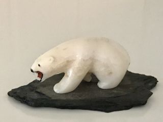 Vtg Inuit Alaska Art Slate Stone & Polar Bear Scrimshaw Face Tiny Effigy Carving