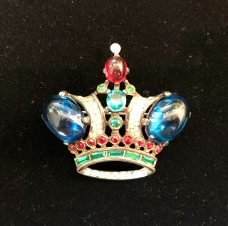 Vintage Trifari Large Sterling Crown Jellybelly Brooch Sapphire Cabochon