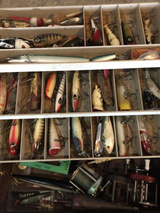 Vintage Tackle Box Full Of Old Fishing Lures Creek Chub Heddon Bobbers Reels