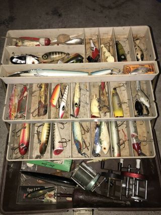 Vintage Tackle Box Full Of Old Fishing Lures Creek Chub Heddon Bobbers Reels 2