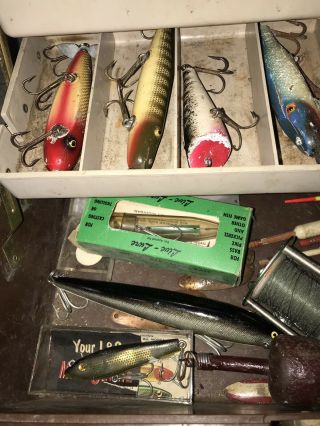 Vintage Tackle Box Full Of Old Fishing Lures Creek Chub Heddon Bobbers Reels 3