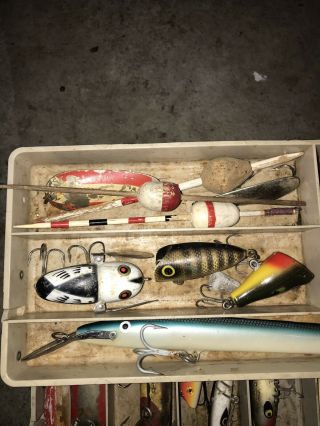 Vintage Tackle Box Full Of Old Fishing Lures Creek Chub Heddon Bobbers Reels 5