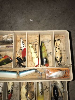 Vintage Tackle Box Full Of Old Fishing Lures Creek Chub Heddon Bobbers Reels 6