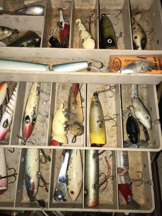 Vintage Tackle Box Full Of Old Fishing Lures Creek Chub Heddon Bobbers Reels 8
