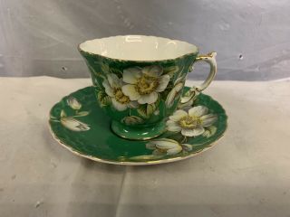 Vintage Aynsley Tea Cup And Saucer (green) White Flowers