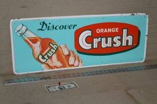 Scarce 1950s Discover Orange Crush Bottle In Hand Embossed Metal Sign Rare