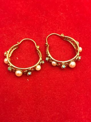 Antique Handmade 14k Hoop Earrings With Pearl And Turquoise Stone