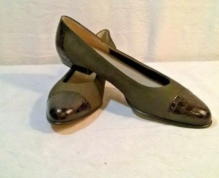 Vintage Salvatore Ferragamo Olive Green Suede/brown Croc Cap Toe Shoes Size 10