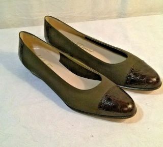 Vintage Salvatore Ferragamo Olive Green Suede/Brown Croc Cap Toe Shoes Size 10 2