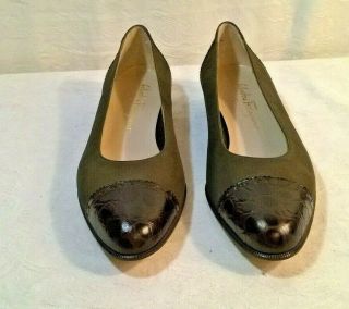 Vintage Salvatore Ferragamo Olive Green Suede/Brown Croc Cap Toe Shoes Size 10 4