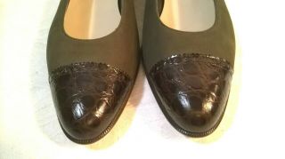 Vintage Salvatore Ferragamo Olive Green Suede/Brown Croc Cap Toe Shoes Size 10 5