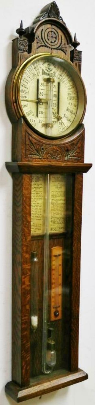 Antique Admiral Fitzroy Carved Oak Wall Barometer Thermometer Weather Station 12