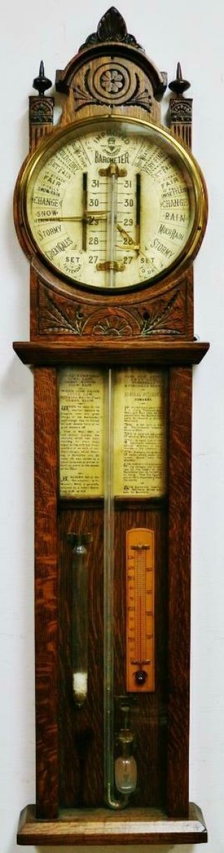 Antique Admiral Fitzroy Carved Oak Wall Barometer Thermometer Weather Station